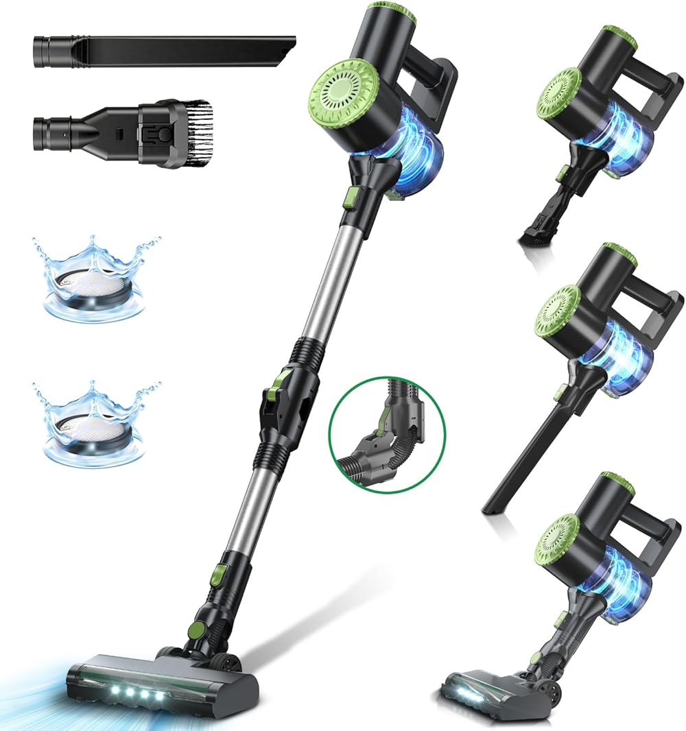 Cordless Vacuum Cleaner, 6 in 1 Lightweight Stick Vacuum Self-Standing with Powerful Suction, 180° Bendable Wand Rechargeable Cordless Vacuum for Hardwood Floor (Green)