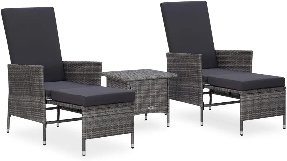 vidaXL Patio Furniture Set 3 Piece, Patio Conversation Set with Cushions, Wicker Chairs with Table for Garden, Scandinavian, Poly Rattan Gray