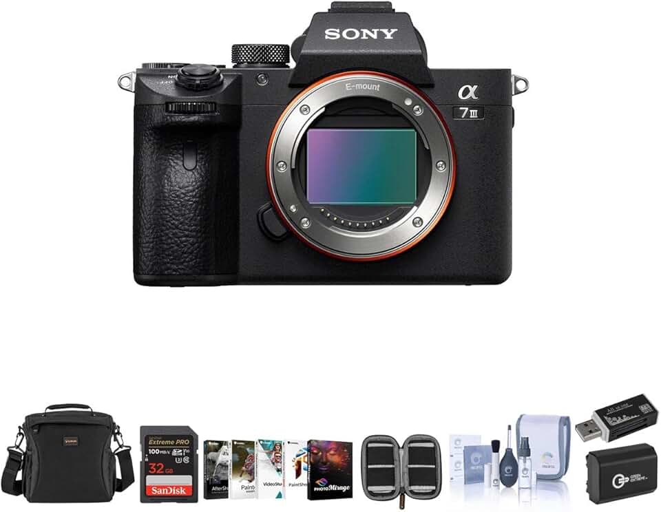 Sony Alpha a7 III 24MP UHD 4K Mirrorless Camera Bundle with Slinger Shoulder Bag, 32GB Memory Card, Cleaning Kit, Card Reader, Memory Card Wallet, Software Kit, Battery Pack
