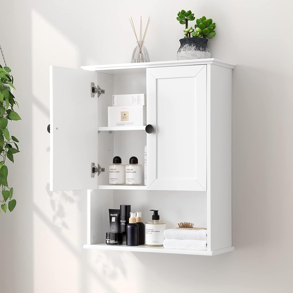 White Bathroom Wall Cabinet 24x30 Inch Over Toilet Storage Cabinet Wall Mounted Wooden Medicine Cabinet with Adjustable Shelf, 2-Door Wall Hanging Cabinet, Metal Handle, Soft Hinge