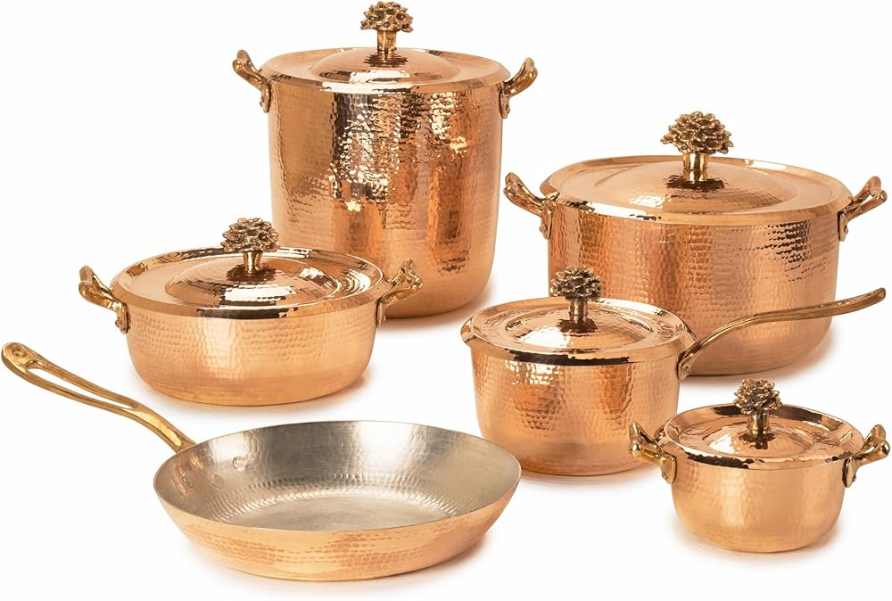Amoretti Brothers Copper Cookware Set - 11-Piece Tin-Lined Scratch-Resistant Pots & Pans Set with Lids | Food-Safe Tin Lined Handcrafted Elegance for Culinary Mastery | PFOA & PFTE free