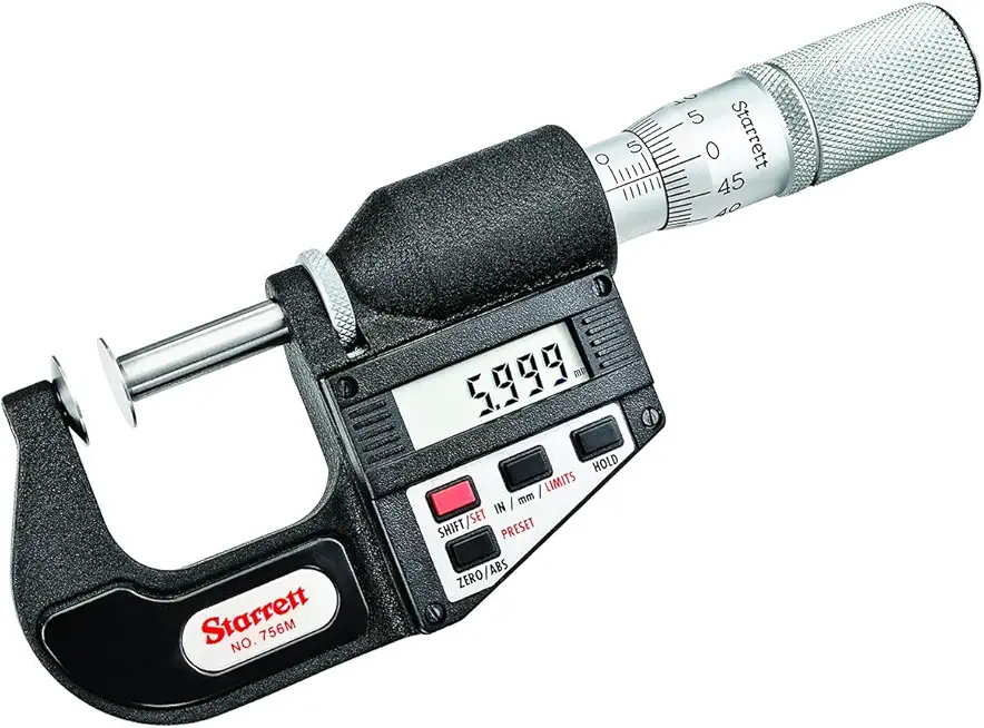 Starrett 756MEFL-25 LCD Disc-Type Micrometer, Friction Thimble, Lock Nut, 0-25mm Range, 0.001mm Graduation