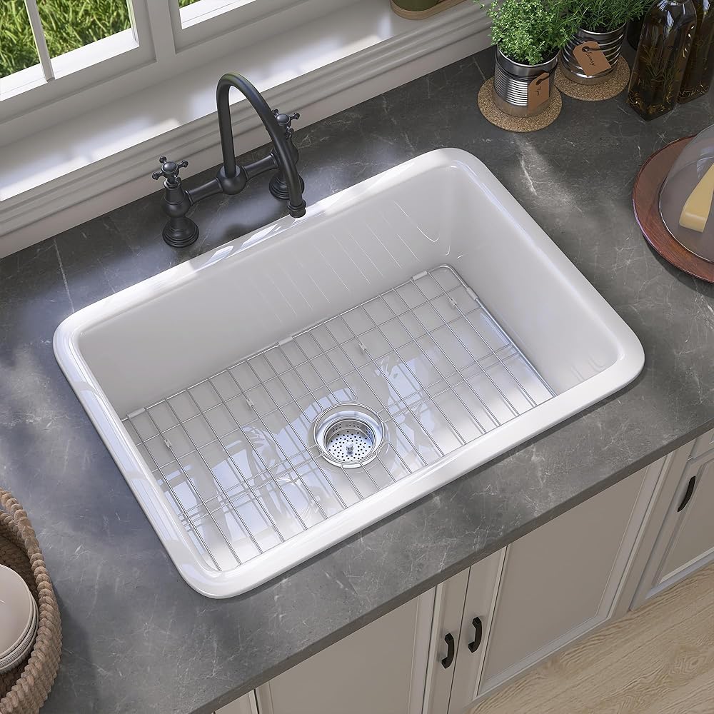 GETPRO White Kitchen Sink Drop in 27 X19 Fireclay Undermount Farmhouse Sink Single Bowl Kitchen Sink Topmount Deep Small Farm Sink with Accessory