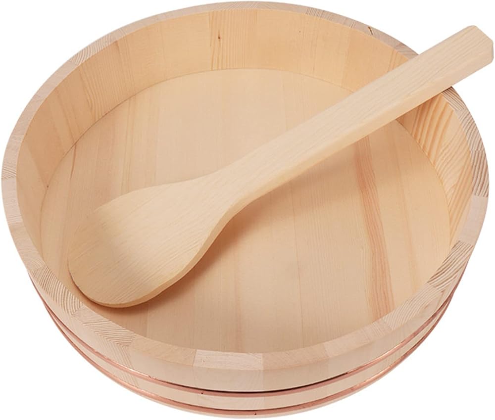 Sushi Wooden Rice Bowl with Copper Band, Japanese White Pine Wood Hangiri Sushi Oke Rice Mixing Tub, for Making Sushi and Bibimbap Rice Barrel Container,72x16cm