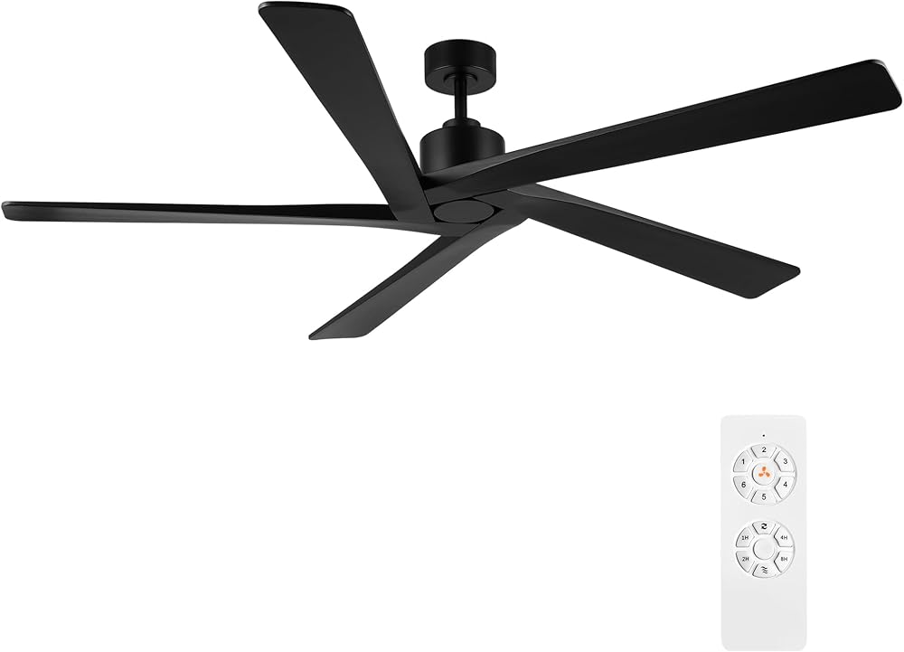 WINGBO 54 Inch DC Ceiling Fan without Lights, 5 Reversible Carved Solid Wood Blades, 6-Speed Noiseless DC Motor, Ceiling Fan No Light with Remote, Indoor Ceiling Fan in Matte Black Finish, ETL Listed