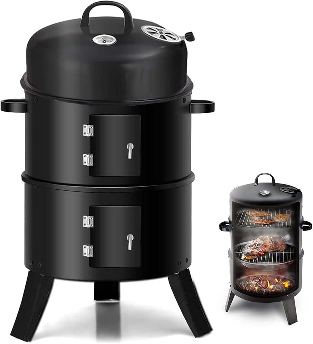 3-in-1 Vertical Charcoal Smoker BBQ Grill, Heavy-Duty Round Outdoor Multi-Layer Charcoal Smoker with Built in Thermometer, for Outdoor Cooking Picnic Garden Terrace