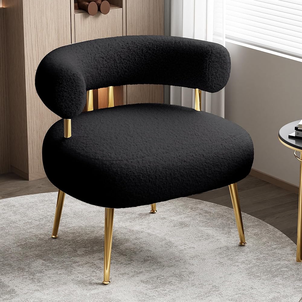 Mid Century Sherpa Boucle Accent Chair, Round Upholstered Barrel Arm Chair for Small Spaces, Fluffy Side Corner Sofa Chair for Living Room, Bedroom, Vanity, Office, Reading Nook(Black)