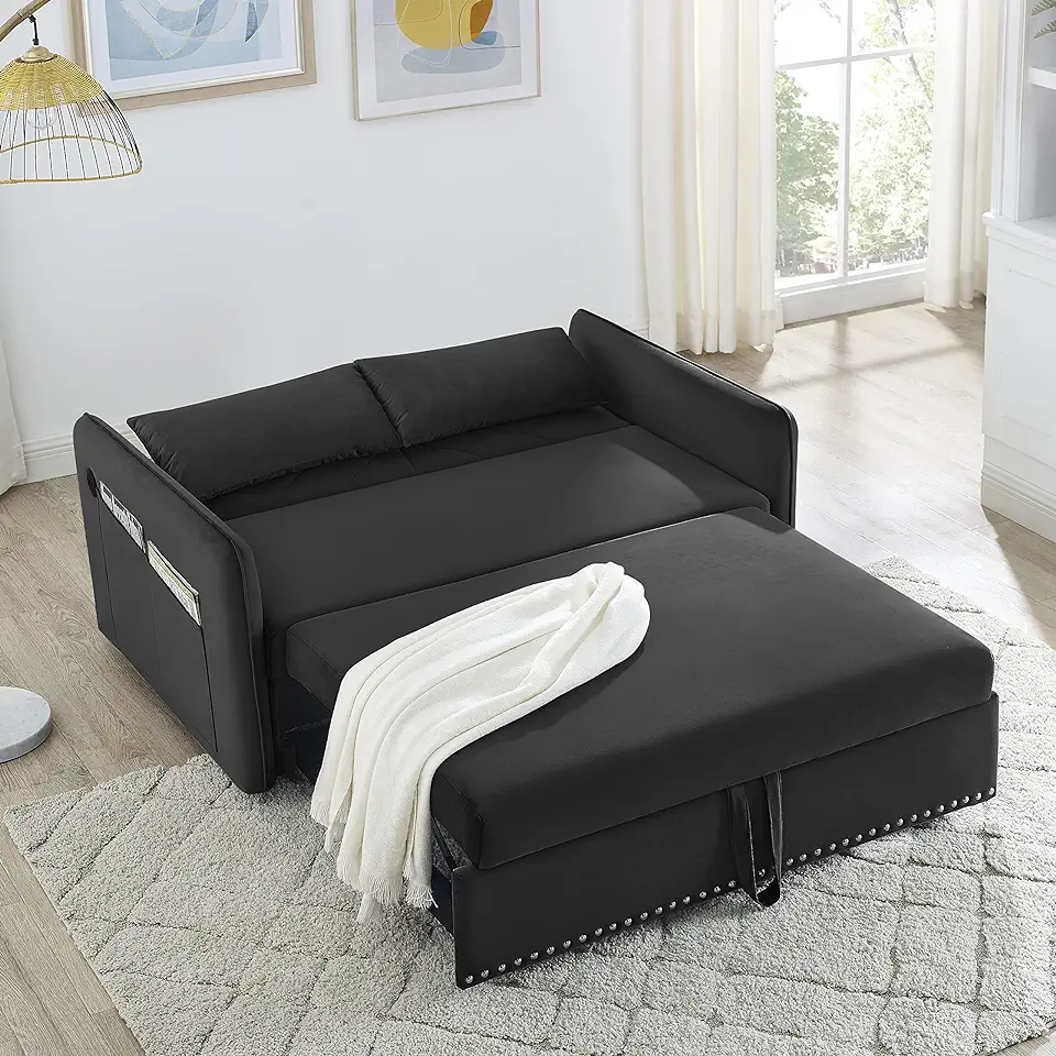 Multifunctional Sleeper Sofa Couch, 3-in-1 Convertible Futon Loveseat w/Pull Out Bed, Adjustable Backrest, Throw Pillows and USB Ports for Living Room Apartment, Easy to Assemble, Black 55