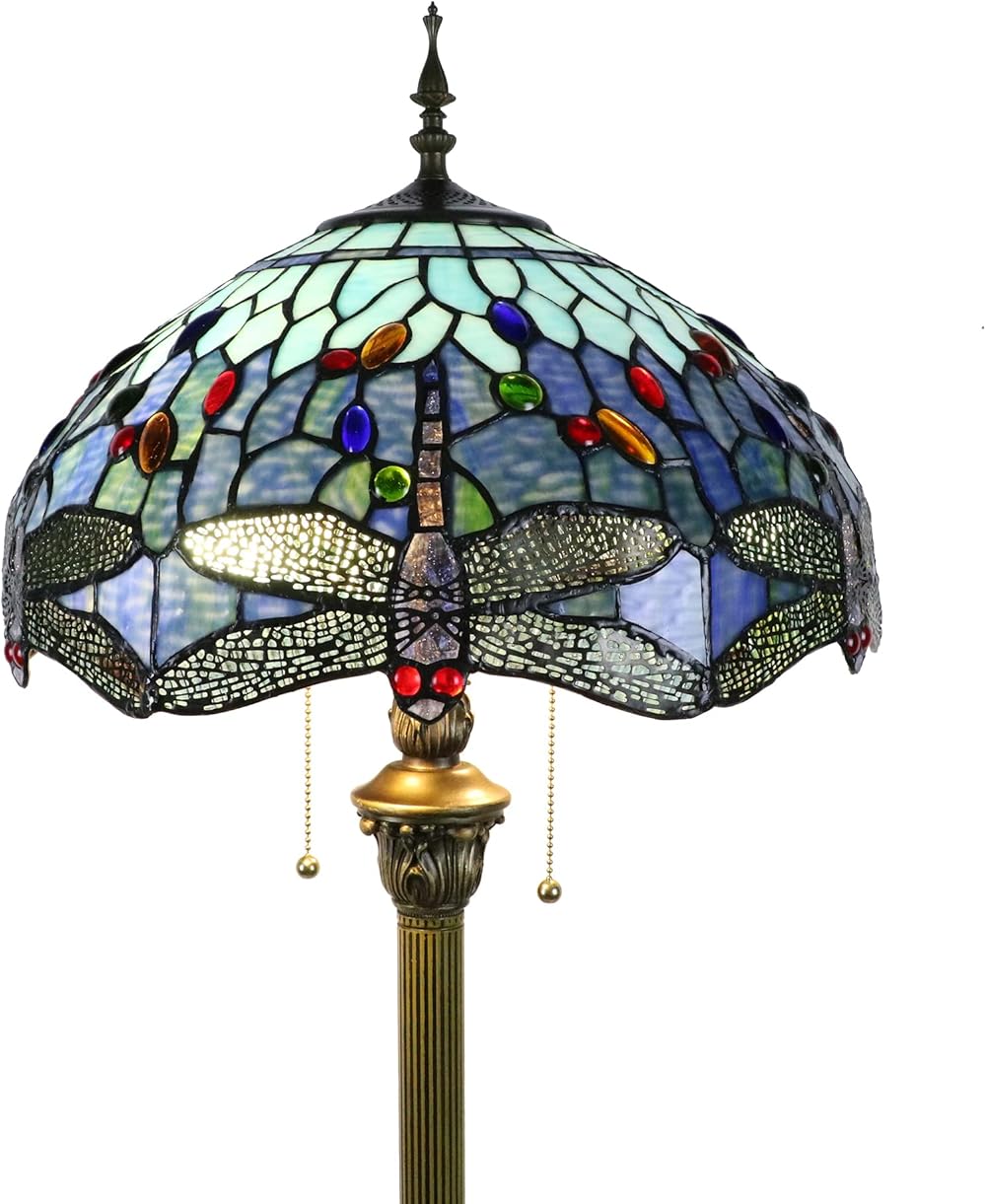 Tiffany Floor Lamps for Living Room Clearance Blue, 16 Inch Vintage Tiffany Standing Floor Lamp for Lounge, Large Stained Glass Reading Dragonfly Floor Lamp