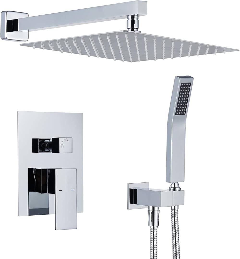 Rain Shower System 12 Inches Shower Combo Set Chrome Wall Mount Faucet Bathroom Faucets with Rainfall Shower Head and Hand Shower