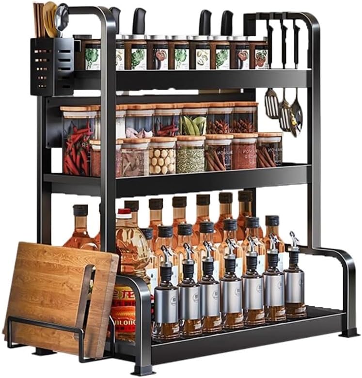 Microwave Oven Rack, 3 Tiers Microwave Stand with 3 Hooks & Cutting Board Holder, Freestanding Utility Storage Shelf, with Knife Holder, Chopstick Barrel, for Bathroom, Kitchen, Bedroom, Offices