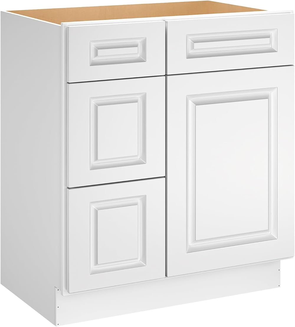 LOVMOR 30'' Bathroom Vanity Sink Base Cabine, Storage Cabinet with 3-Drawers on The Left, Suitable for Bathrooms, Kitchens, Laundry Rooms and Other Places.