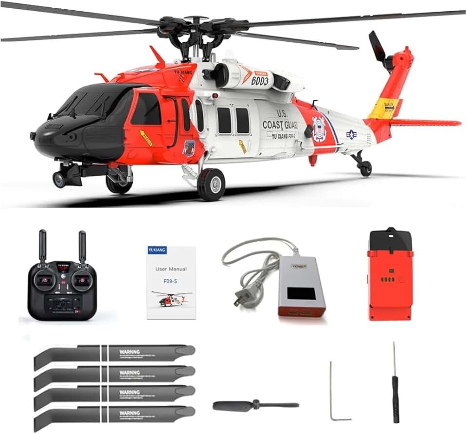 YUXIANG F09S GPS RC Helicopter, 1/47 Scale 2.4G 6CH Dual Motor Brushless Direct-Drive Remote Control Helicopter 6G/3D Military Airplane Outdoor Toy for UH-60 Coast Guard (RTF Version)