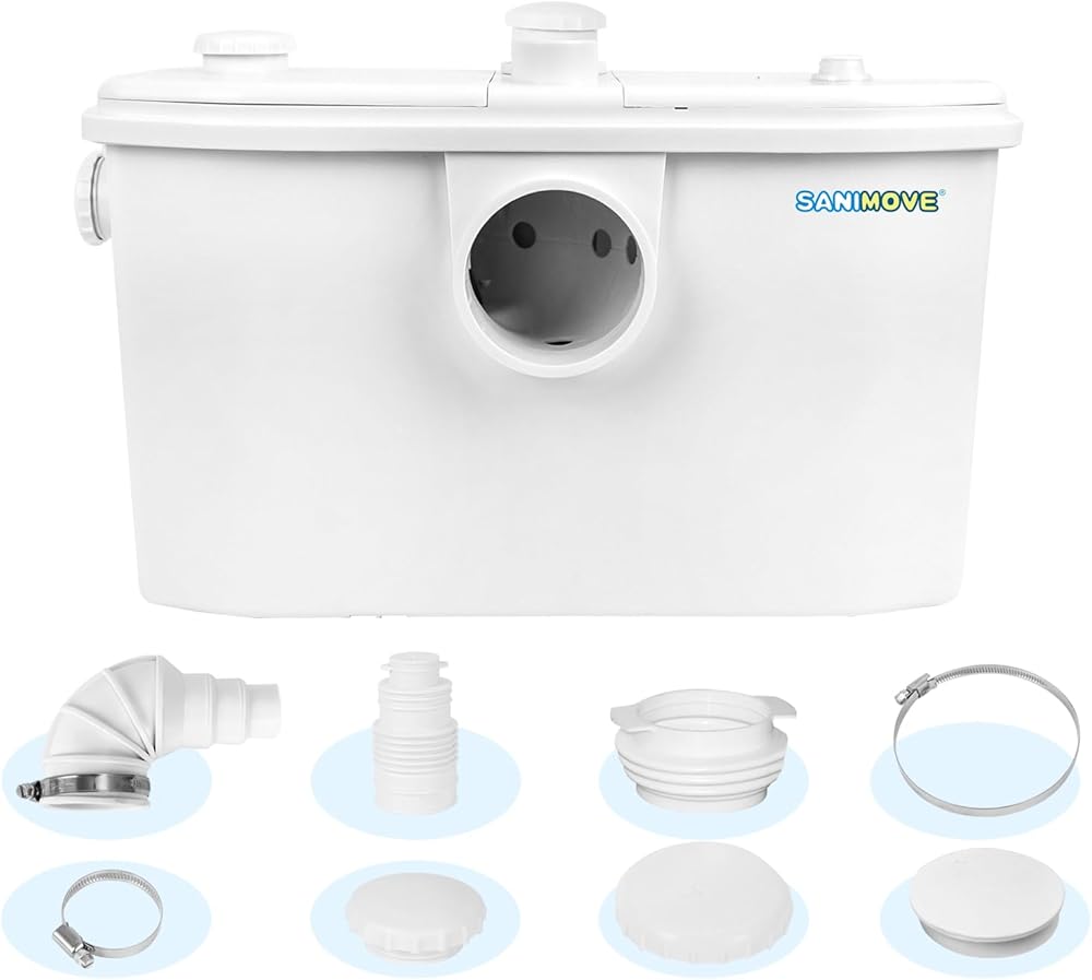 750W Macerator Pump for Basement Bathroom, Macerating Toilet Pump with 4 Water Inlets for Toilet, Kitchen, Sink, Bathtub, Laundry Machine, Waste Water Disposal Sewage Pump，32ft Vertically Upflush