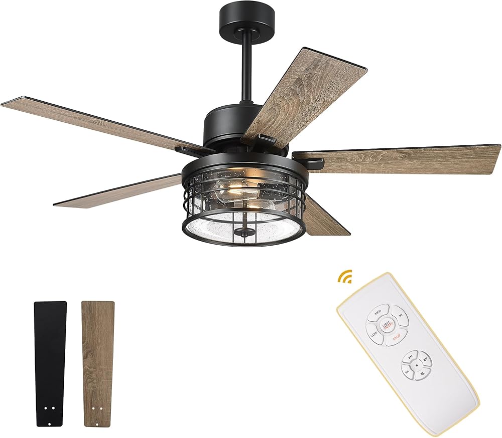 AUTELO Ceiling Fans with Lights, 52 Inch Ceiling Fans with Lights and Remote Control, Farmhouse Ceiling Fan 5 Reversible Blades and seeded Glass, Black and Wooden Finish for Living Room, F9356 SDNR