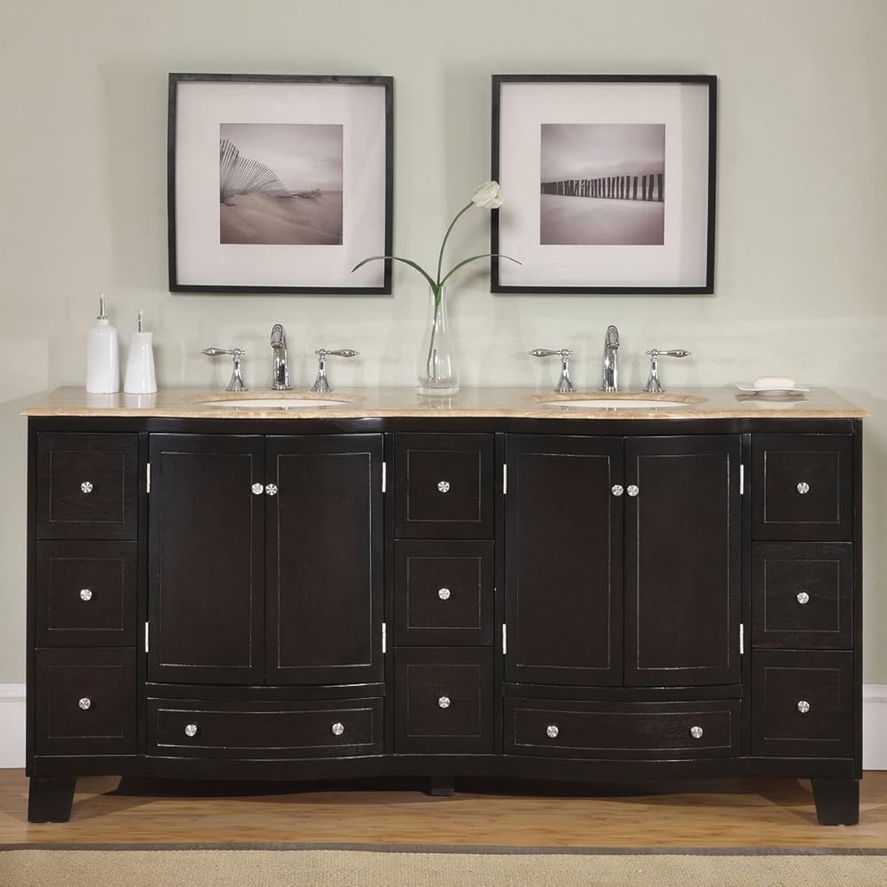 Silkroad Exclusive Countertop Travertine Stone Double Sink Bathroom Vanity with Dual Cabinet, 72