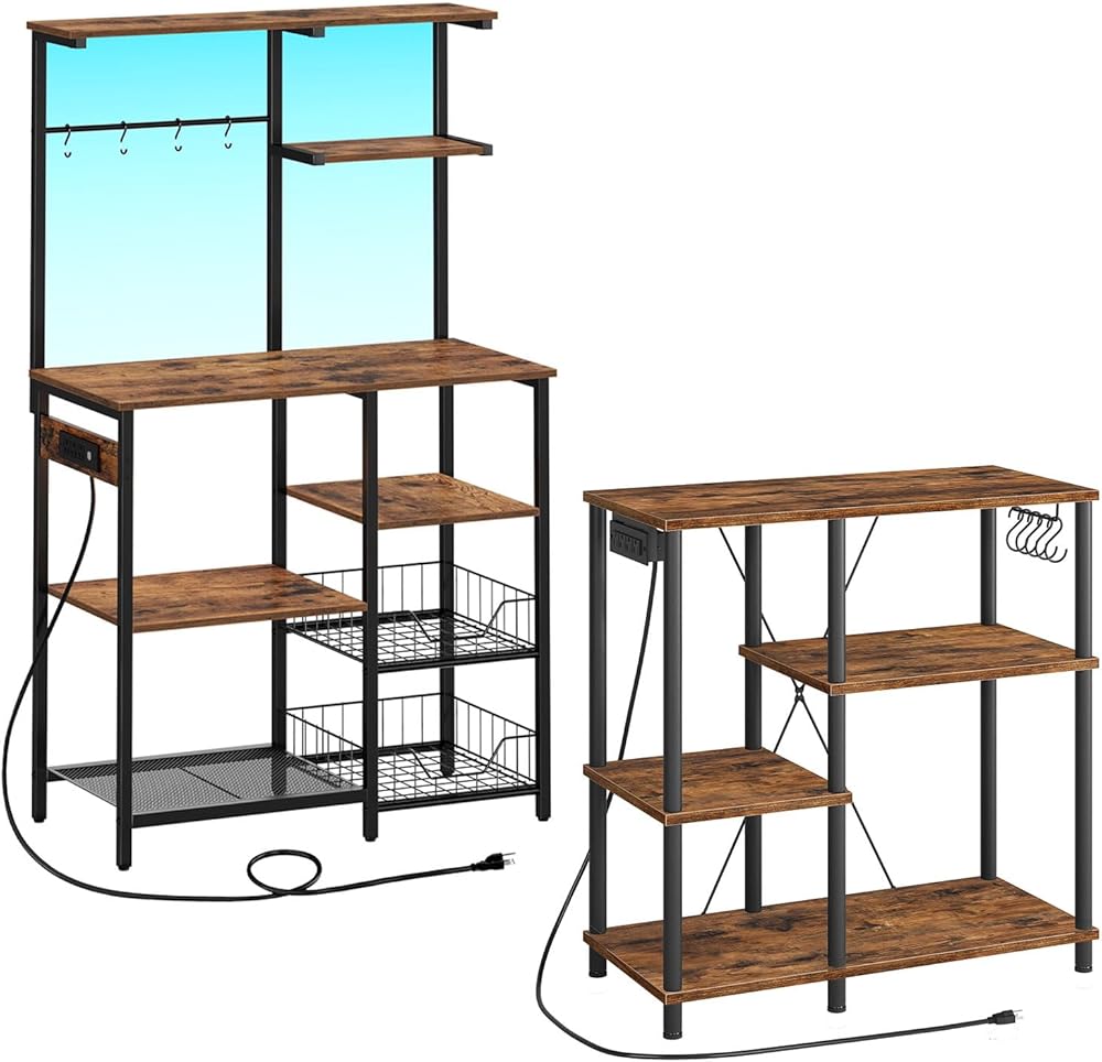 Bakers Rack with Power Outlet and LED Light Strings, Microwave Stand BF64UDHB01-BF07UHB01