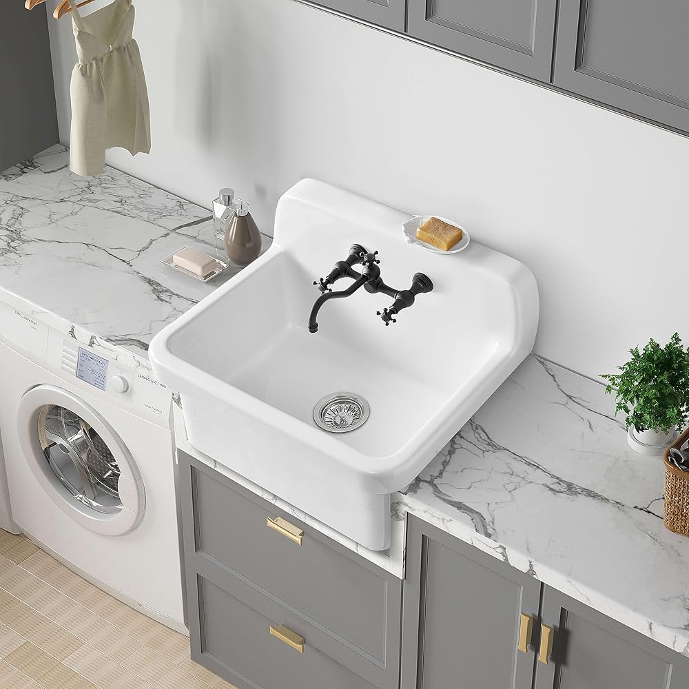 ELLAI 24 Inch White Ceramic Farm Style Wall Mount Utility Sink High Back Wall Mounted Laundry Tub 10 Gallon Farmhouse Sink Slop Sink for Laundry Room, Garage, Kitchen, Bathroom 24