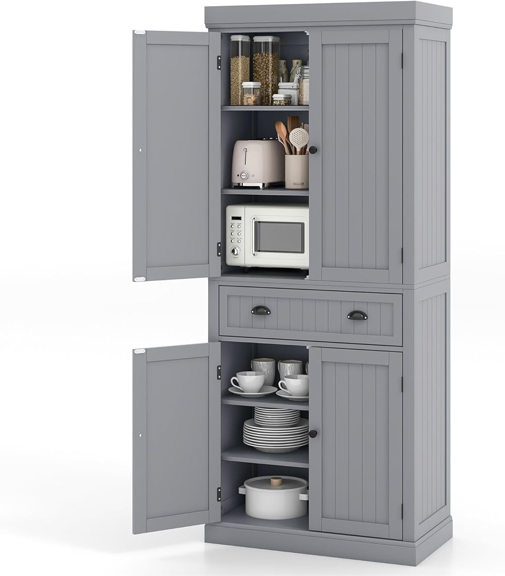 Nightcore, 1 Kitchen, 6ft Cupboard w/ 4 Adjustable Shelves, 2 Wood Pantries, Drawer, Utility Storage Cabinet for Hallway, Living Room, Bathroom, Grey