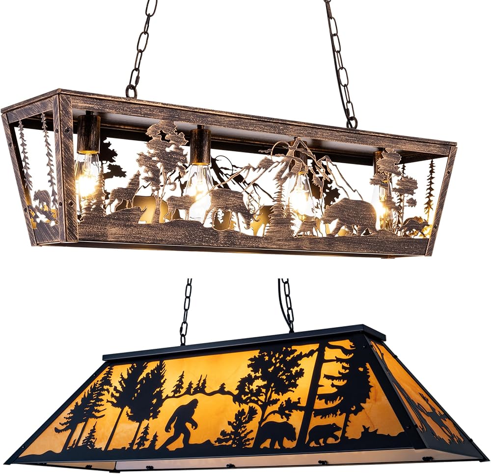 TOCHIC Vintage Pool Table Light, Rustic Billiards Light Fixtures with Bronze Bear Elk Metal for Game Room Farmhouse Chandelier Man Cave Club Bar Dining Room Kitchen Island