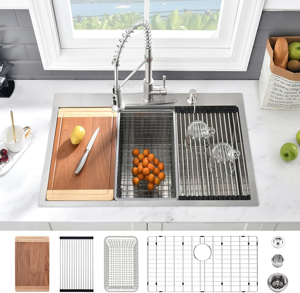 33 Inch Drop In Kitchen Sink Workstation-VASOYO Stainless Steel Kitchen Sink 33x19 Drop In Workstation Sink 16 Gauge 10 Inch Deep Single Bowl Kitchen Sink with Cutting Board