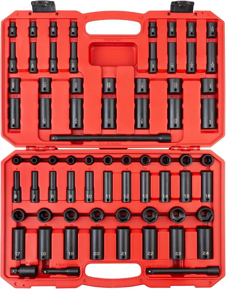 TEKTON 3/8 Inch Drive 6-Point Impact Socket Set, 72-Piece (1/4-1 in., 6-24 mm) | SID91404
