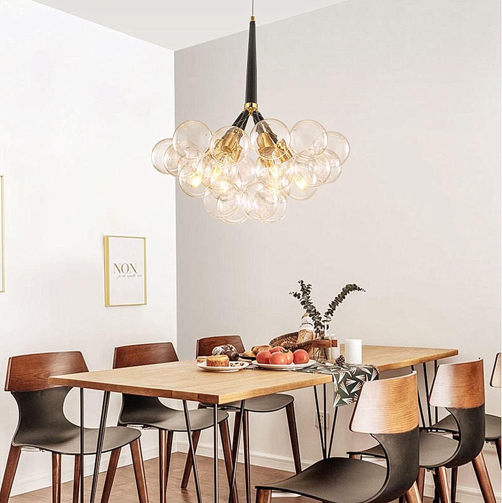 SUSUO Clear Bubble Cluster Ceiling Lighting with 18 Decorative Globe Balls, 6-Lights Globe Chandelier Glass Kitchen Island Light Fixture in Modern Style for Restaurant Bar Counter Pool Table