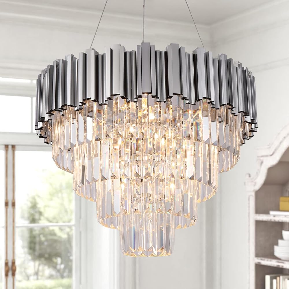 Chrome Crystal Chandelier Modern Dining Room Entry Chandelier Lighting 7 Lights Ceiling Hanging Light Fixture 4-Tier Contemporary Chandelier for Bedroom Round 21.6