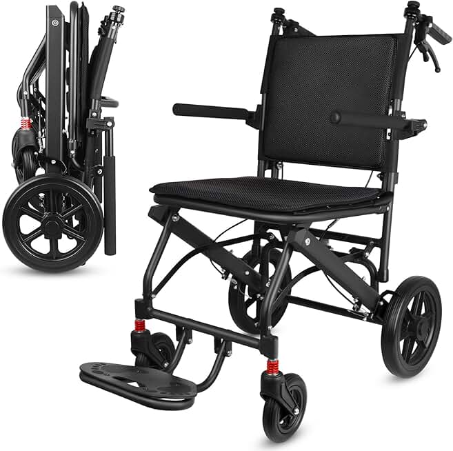 Ultra-Light Transport Wheelchair - Folding Portable Wheelchair with Bag - Trolleys for Elderly Aircraft Travel with Hand Brake