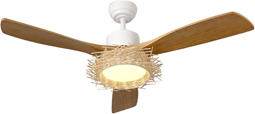 Large 52 inches LED Wood Nest DC Ceiling Fan with Light and Remote Control,Boho Wicker Wooden Rattan Dimmable Fandelier for Indoor,Bedroom,Living room,Dining room
