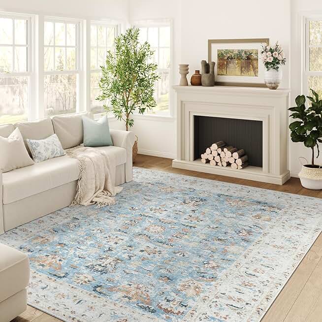 jinchan Area Rug 9x12 Washable Rug - Vintage Living Room Rug Boho Floral Print Low Pile Large Rug Farmhouse Thin Rug Non-Slip Distressed Carpet for Bedroom Dining Room Office Light Blue