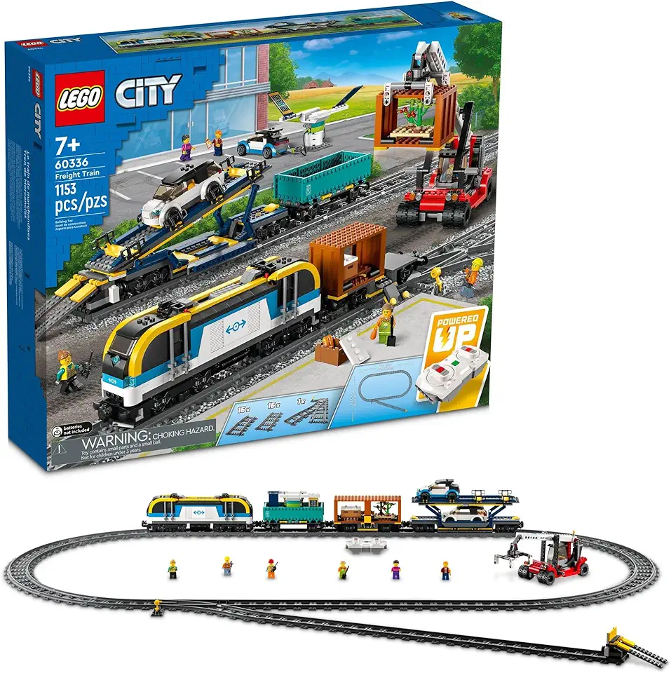 LEGO City Freight Train Set, 60336 Remote Control Toy for Kids Aged 7 Plus with Sounds, 2 Wagons, Car Transporter, 33 Track Pieces and 2 EV Car Toys