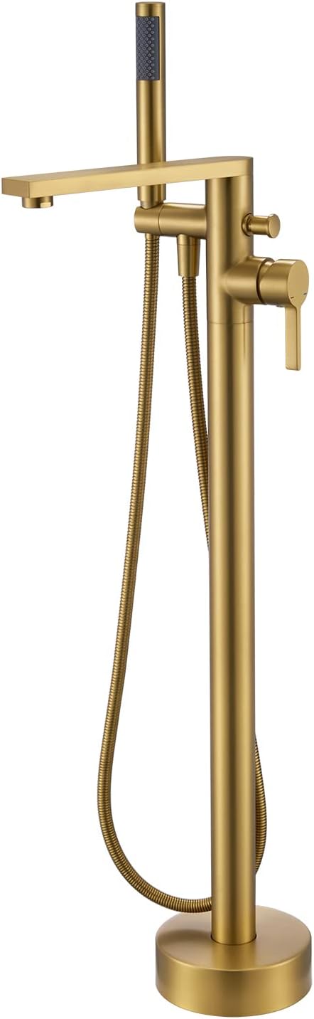 Freestanding Bathtub Faucet Tub Filler Brushed Gold Floor Mount Brass Single Handle Bathroom Faucets with Hand Shower