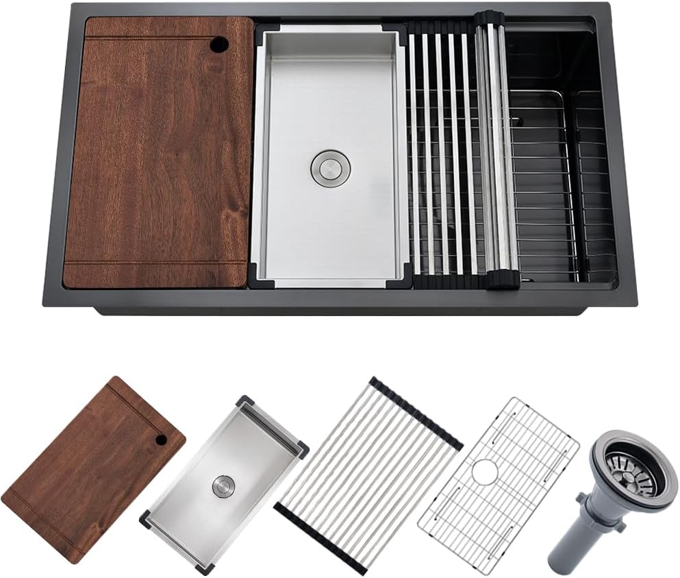 33 Inch Black Undermount Kitchen Sink Workstation, 33x19 Inch 16 Gauge Black Stainless Steel Undermount Workstation Kitchen Sinks