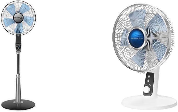 Rowenta Turbo Silence Standing Floor Fan, Silver & Turbo Silence Table Fan 12 Inches Ultra Quiet Fan Oscillating, Portable, 4 Speeds, Manual Turn Dial, Indoor VU2730