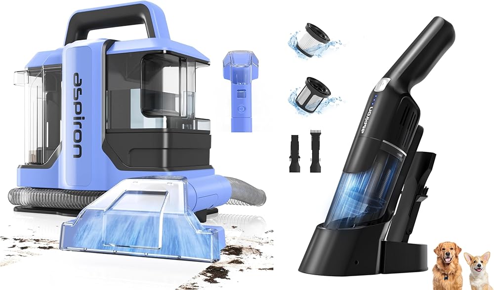 Aspiron Carpet Cleaner Machine and Cordless Handheld Vacuum, 15KPA Powerful Car Vacuum, Rechargeable, Charging Dock, Ergonomic Handle, 2-in-1 Crevice Tool, 1.8lb Portable Handheld Vacuum