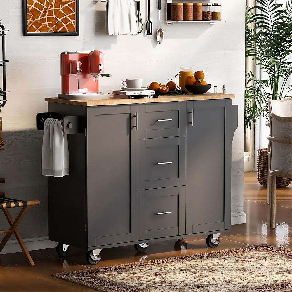 Rolling Kitchen Island with Storage, Kitchen Islands Carts with Rubber Wood Top, 3 Drawer, 2 Slide-Out Shelf, Kitchen Island with Drop Leaf for Kitchen, Living Room