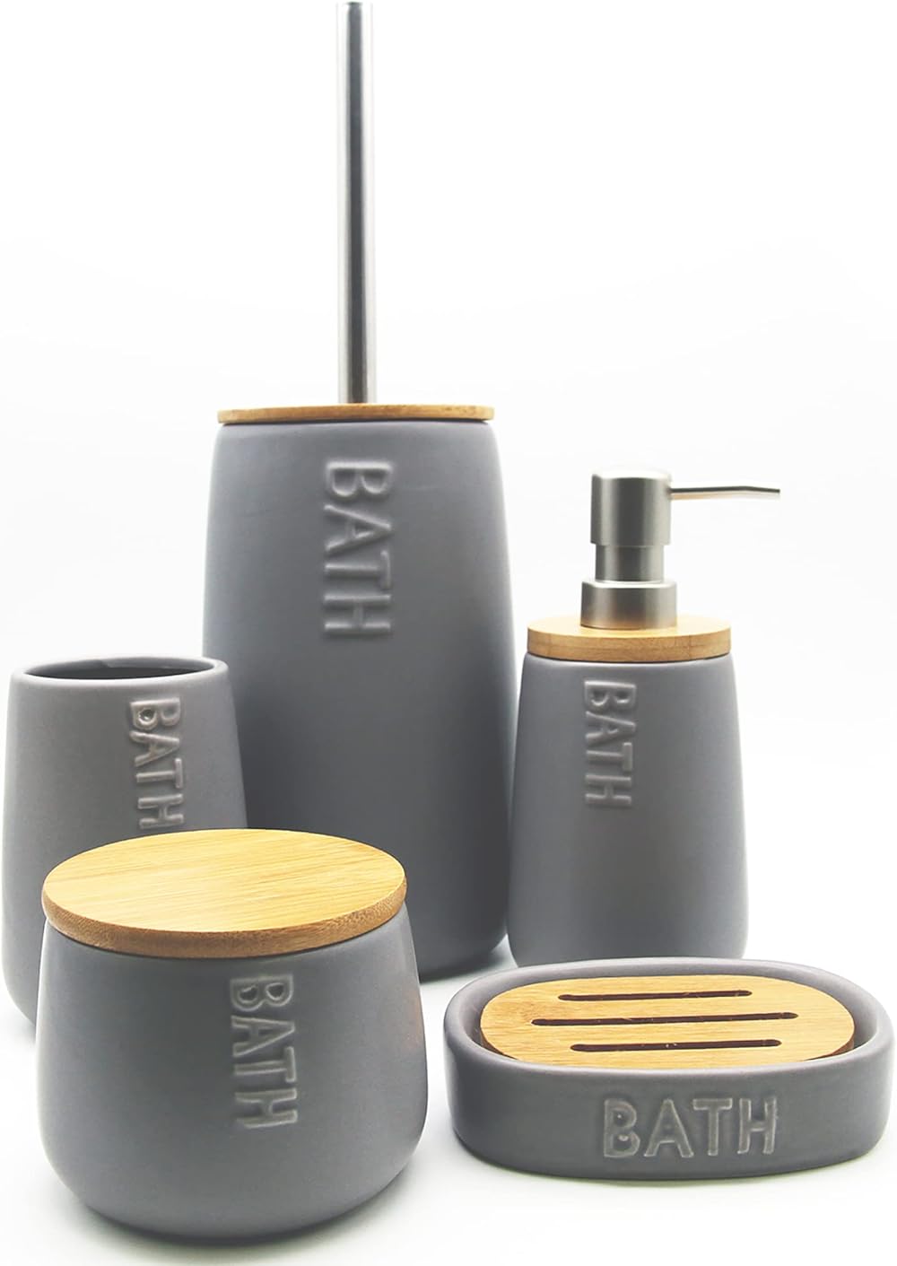 TENDANCE Bath D Collection Dolomite Bath Accessory White or Grey Set-5 Pieces (Full Set 5 Pieces, Grey)