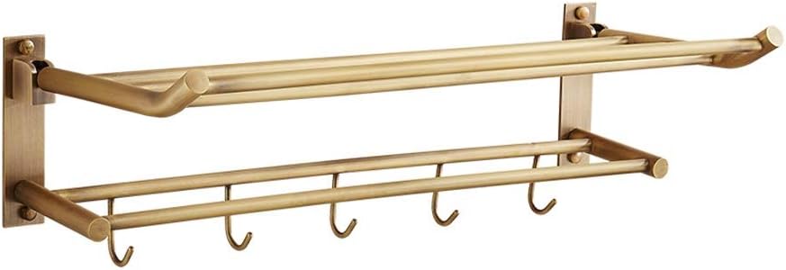 Brass Towel Racks, Bathroom Towel Shelf with Foldable Towel Bar Holder and Towel Hooks, Wall Mounted Multifunctional Towel Bars