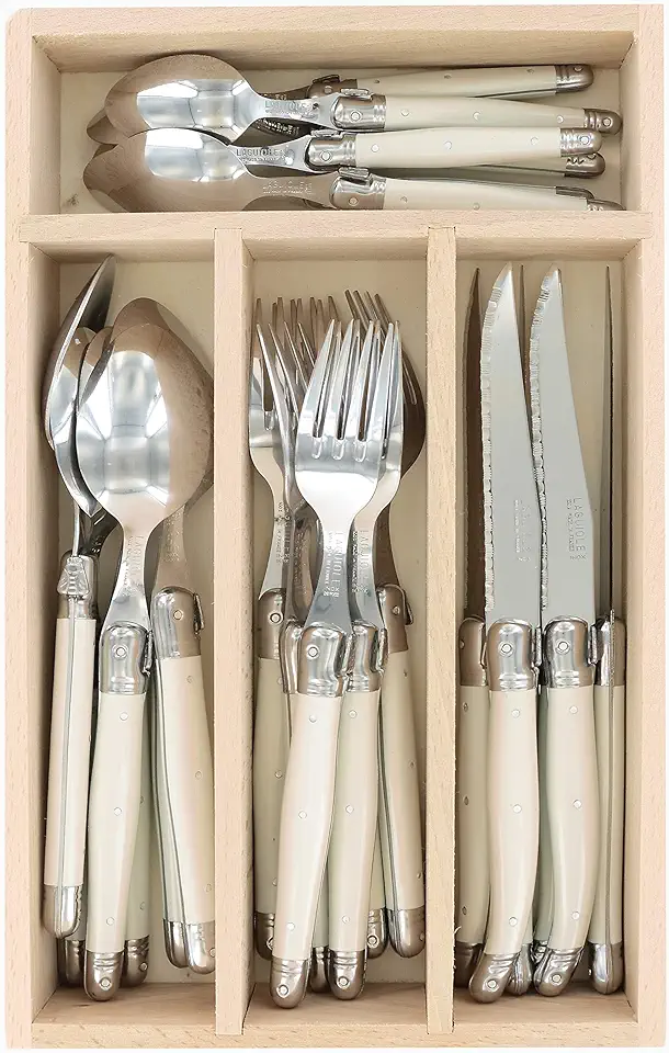 Andre Verdier Laguiole Debutant 24 Piece Flatware Set, Steak Knives, Forks, Soup Spoons, Teaspoons, Ivory Color, Made In France