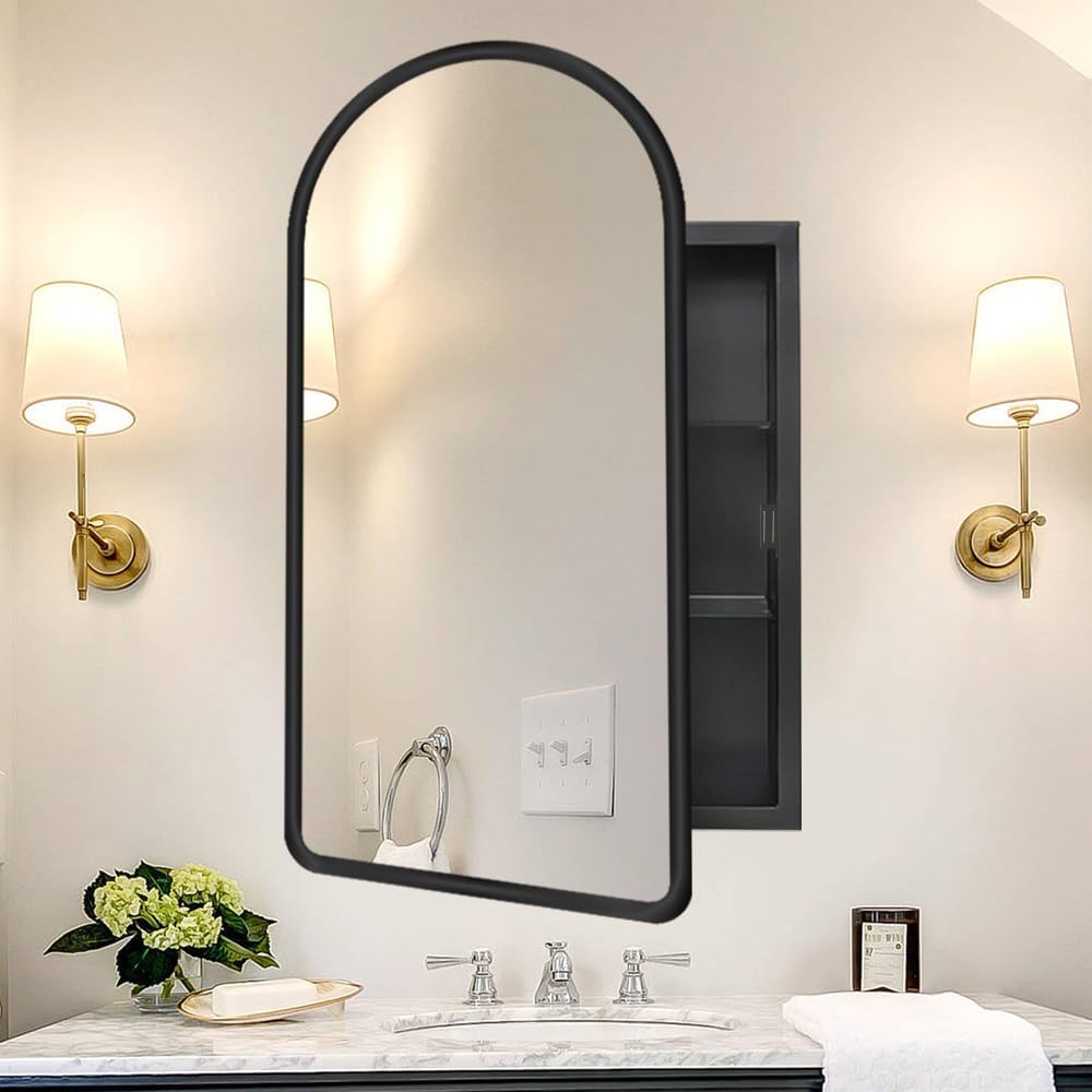 Arched Medicine Cabinet,Recessed Medicine Cabinet with Mirror,Black Medicine Cabinet with Mirror,Modern Arch Medicine Cabinet for Bathroom,Surface Mount Bathroom Mirror with Storage 20x31''