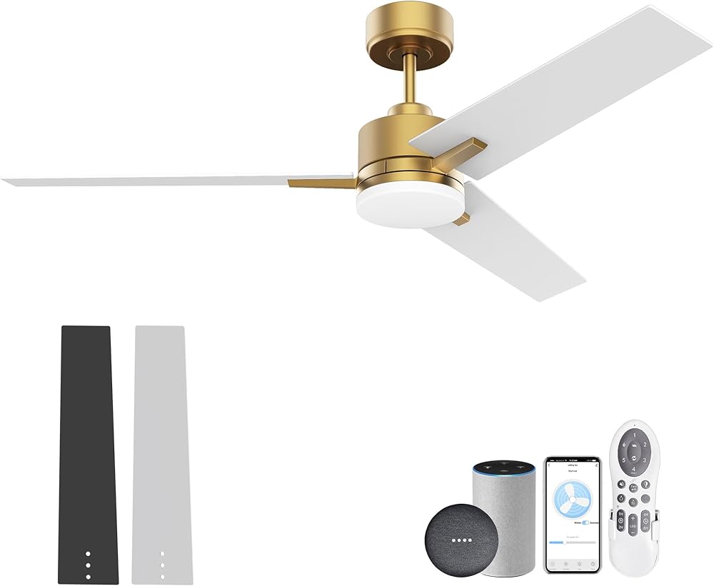 52inch Smart Ceiling Fan with Lights Remote,Quiet DC Motor,Dimmable,Voice Control via Alexa Google WIFI App,Outdoor Indoor Gold White Black Ceiling Fans with LED Light for Bedroom Patio Porch