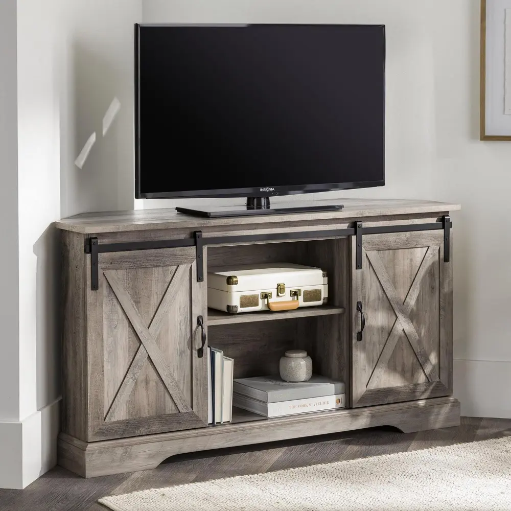 Manor Park Modern Farmhouse Sliding Door Corner TV Stand, Grey Wash