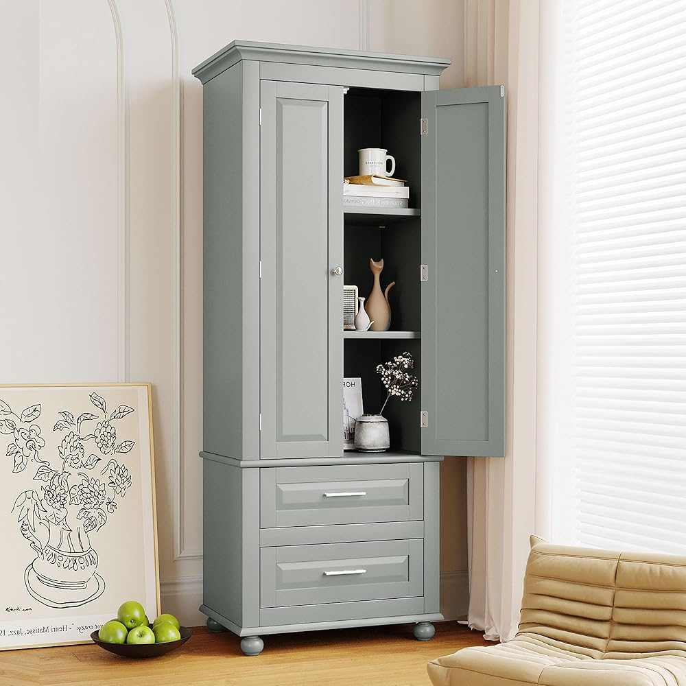 Merax Storage Cabinet with Doors and 2 Drawers, Tall Kitchen Pantry Organizer for Home, Bathroom, Solid Wood Legs, Grey