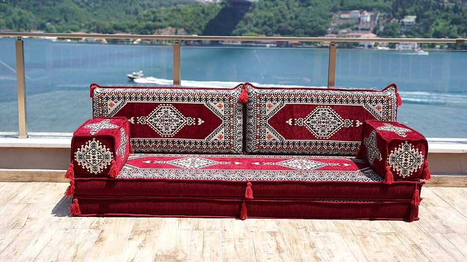 Maroon Arabic Floor Seating, Reading Sofa, Arabic Majlis, Floor Cushion, Sectional Sofa, Arabic Sofa, Sofa Bed, Poufs, Turkish Floor Seating Set (8'' Thickness Sofa)