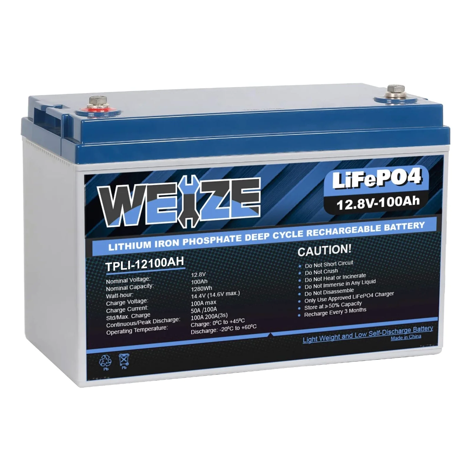WEIZE 12V 100Ah LiFePO4 Lithium Battery, Group 31 Deep Cycle Battery Built-in Smart BMS Low Temperature Protection for Trolling Motor, RV, Solar, Marine, Camping and Off Grid Applications