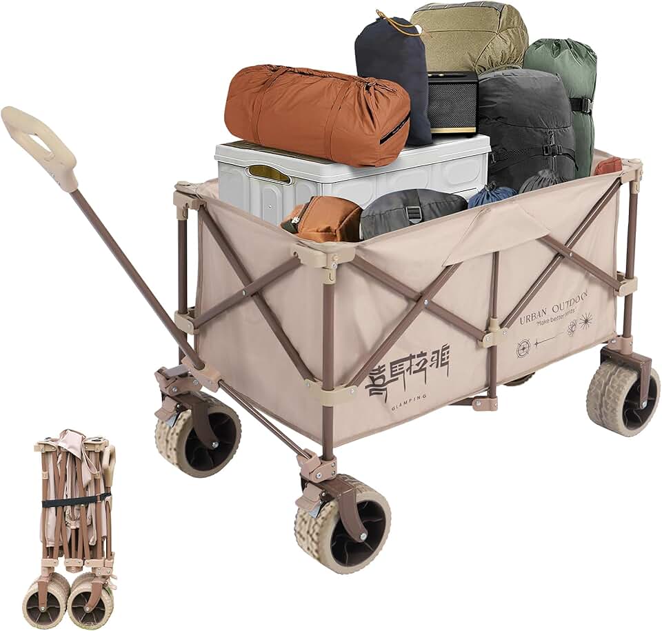 Collapsible Folding Wagon Cart, Outdoor Heavy Duty Folding Garden Portable Cart with All-Terrain Beach Wheels Adjustable Handle Beach Cart for Camping Sports Picnic Shopping(Khaki)