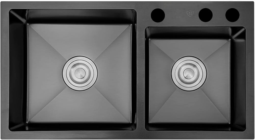 Matte Black Double Bowl Kitchen Sink 304 Stainless Steel Square Bar & Prep Sink RV Sink with Downpipe and Drain Top Mount Or Undermount (Color : Black, Size : 82x45x22cm)