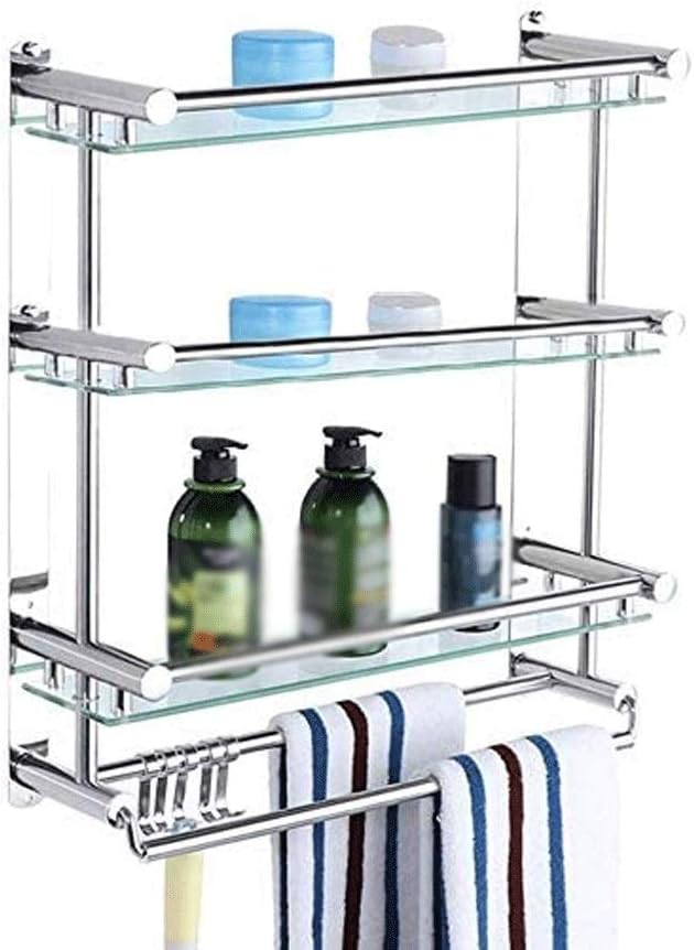 3 Layers Stainless Steel and Tempered Glass Bathroom Towel Rack Wall Mounted, Stainless Steel Bathroom Shelf Storage Table