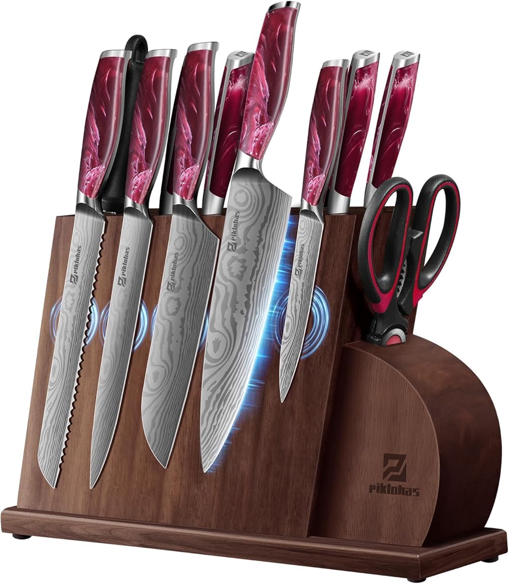 14 Pieces Knife Set for Kitchen with Magnetic Holder, Ultra Sharp Durable German Stainless Steel Damascus Pattern, One-piece Ergonomic Handle, Elegant Red Flowing Cloud Design Ideal for Gift